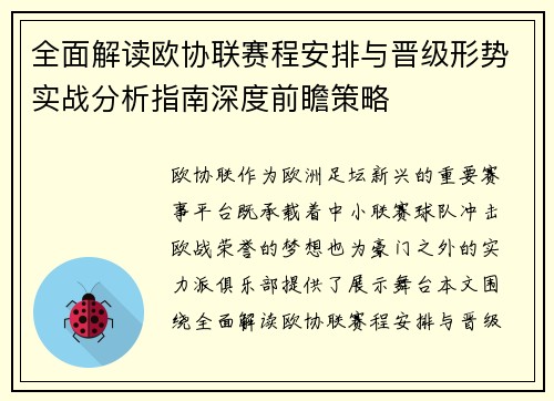 全面解读欧协联赛程安排与晋级形势实战分析指南深度前瞻策略 全面解读欧协联赛程安排与晋级形势实战分析指南深度前瞻策略